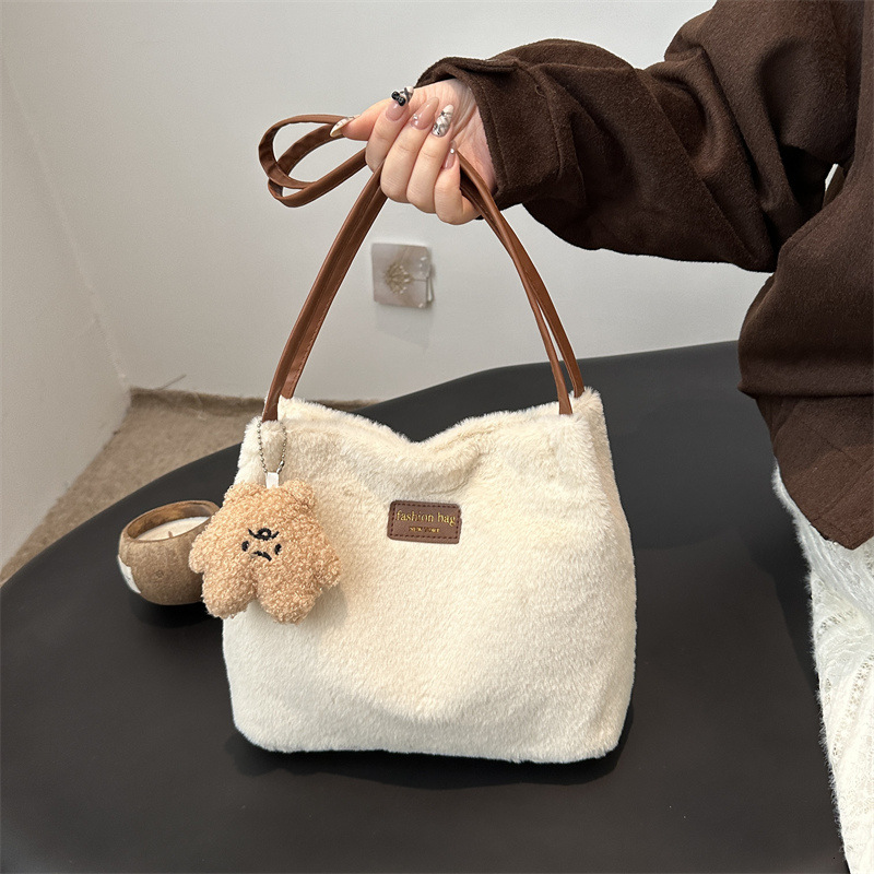Free Delivery Designer Bag 2025 Autumn/winter Plush Women's Shoulder Solid Color Simple And Versatile Daily Leisure Bucket Tote Bag Large Capacit