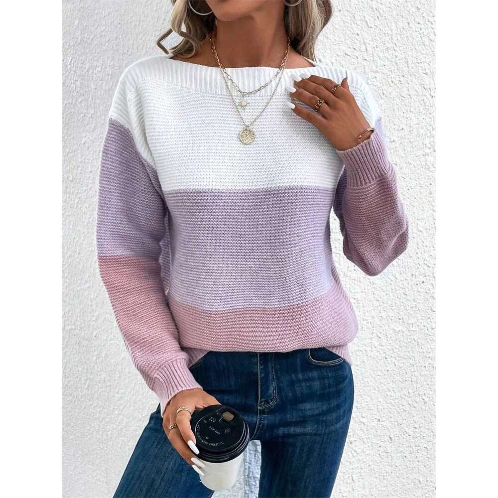 Elegant Three-Color Patchwork Sweater Women Daily Commuter Casual Loose Jumpers Female Autumn Winter Knitted Thickened Warm Tops Designer