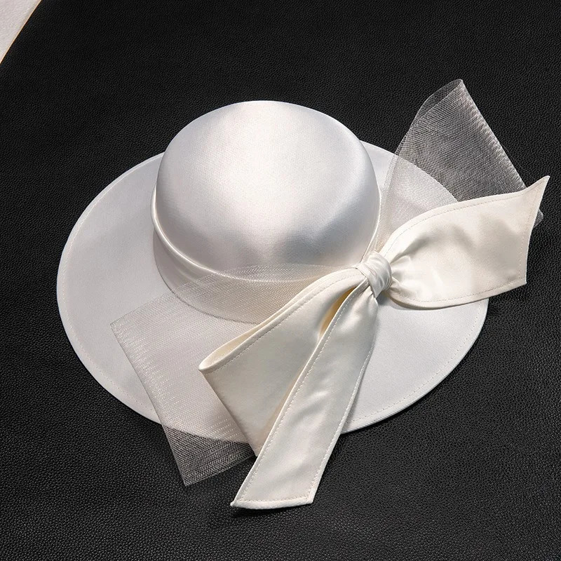 Women Chruch Satin Fedora Hat Women Elegant Wedding Fascinator Bow Party Chapeau Femme Vintage Chapeu marca de luxo 250514