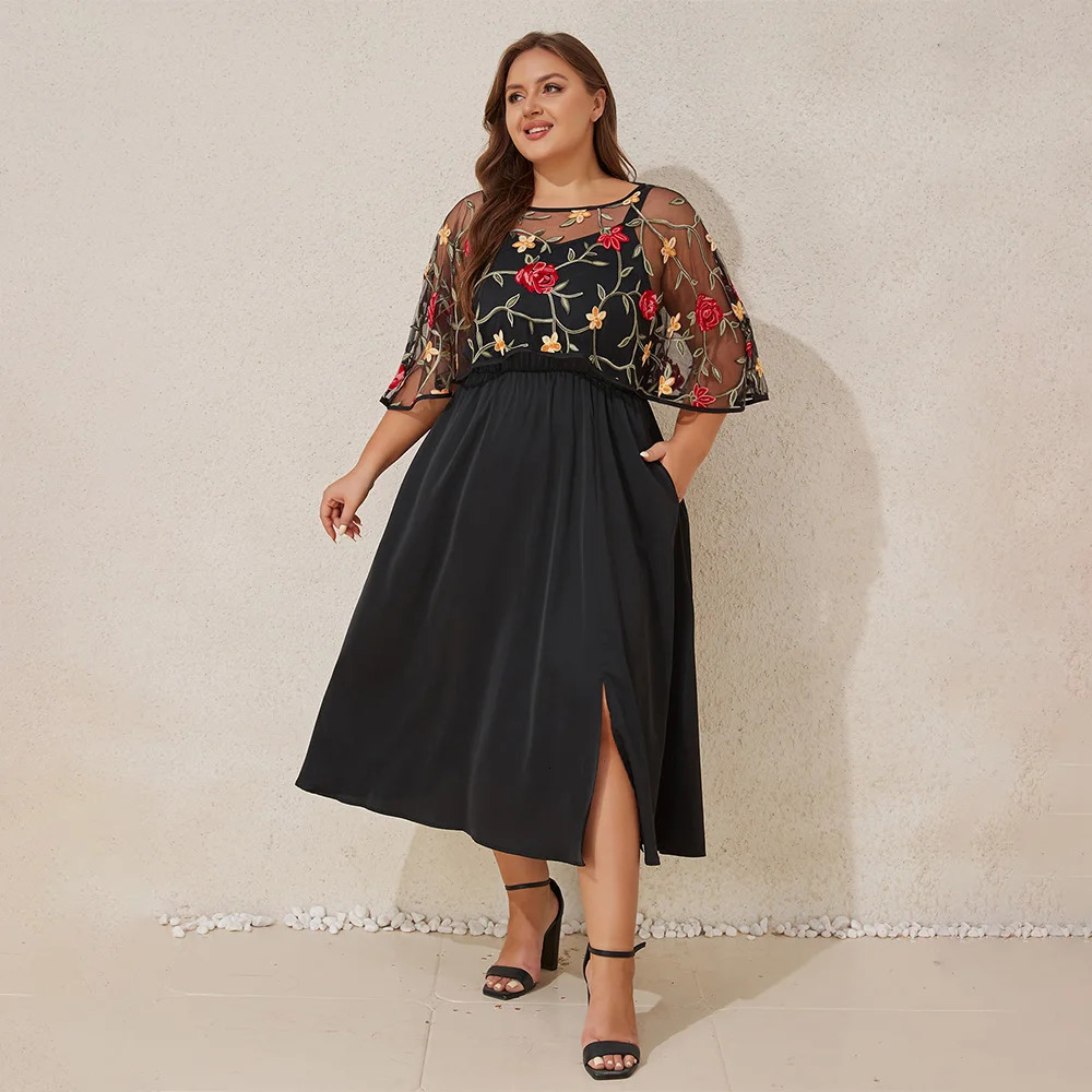 Elegant Plus Size Women Floral Embroidery Cloak Sleeve Strappy Midi Dress With Pocket Banquet Party Cocktail Evening Ball Gownn 250509
