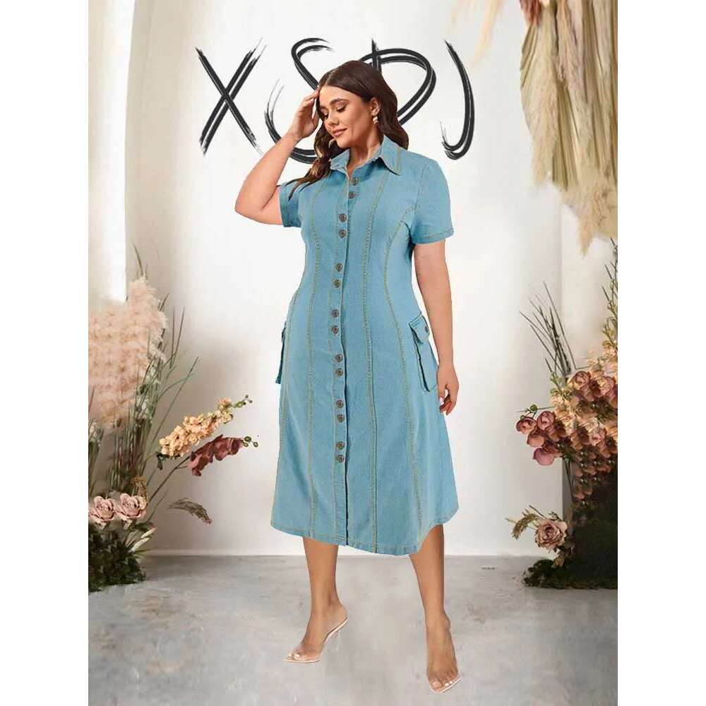 5xl Womens Plus Size Clothes Button Front Sky Blue Loose Summer Curvy Denim Long Dress with Sleeves