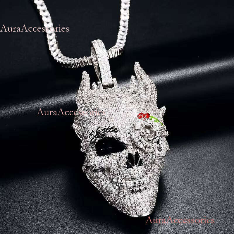 Bling Hip Hop Jewelry White Gold Plated Brass AAAAA CZ Dia Skull Head Necklace Mens Iced Out Pendant