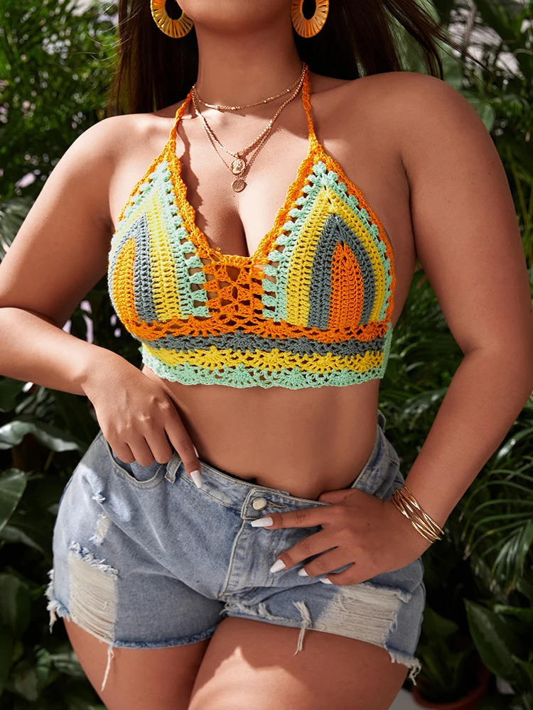 Plus Size Crochet Bikini Top Multi Color Knitted Rainbow Striped Off Shoulder Top Bikini Beachwear Women Beach Crochet Swimsuit 250515