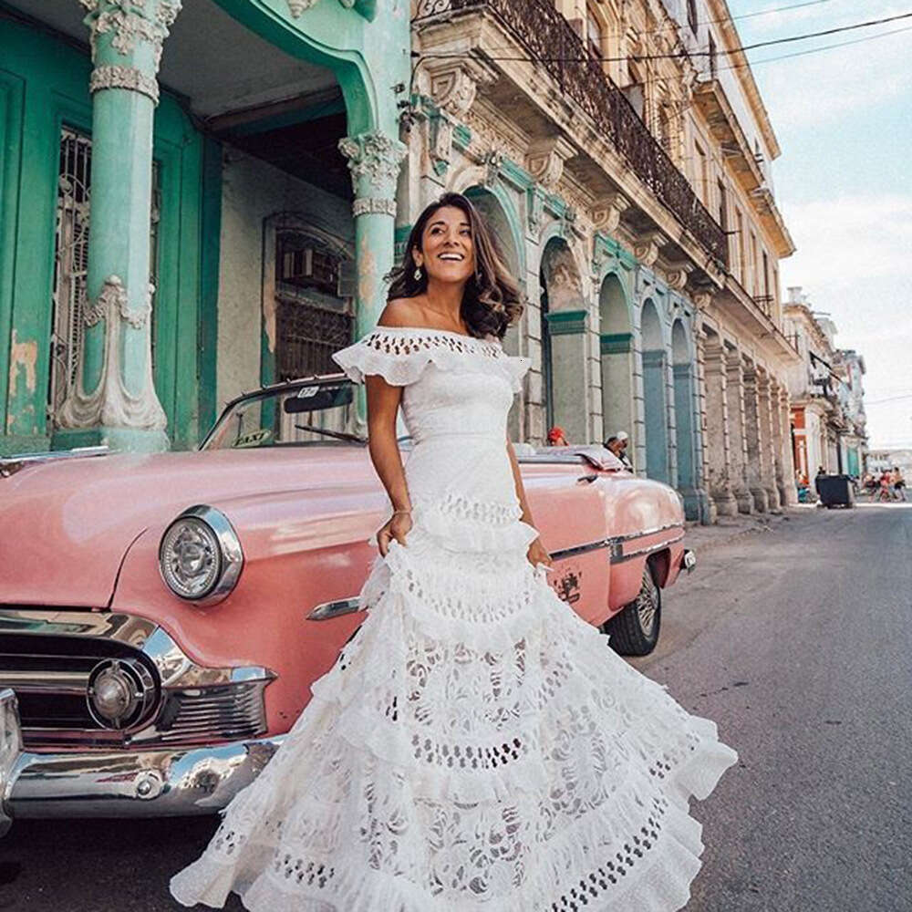 White Dress Maxi Dress 2025 Summer New Women's One Shoulder Lotus Leaf Edge Hollow Out Large Swing Lace Dress Long Skirt KQ