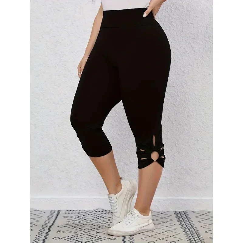 Plus Size S-8XL Womens High Waisted and High Elastic Tight Pants Summer Hollow Out Solid Color Elegant Yoga Pants Cropped Pants 250515
