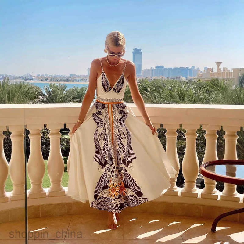Women Dresses summer new backless lace up long dress with printed V-neck elegant dress