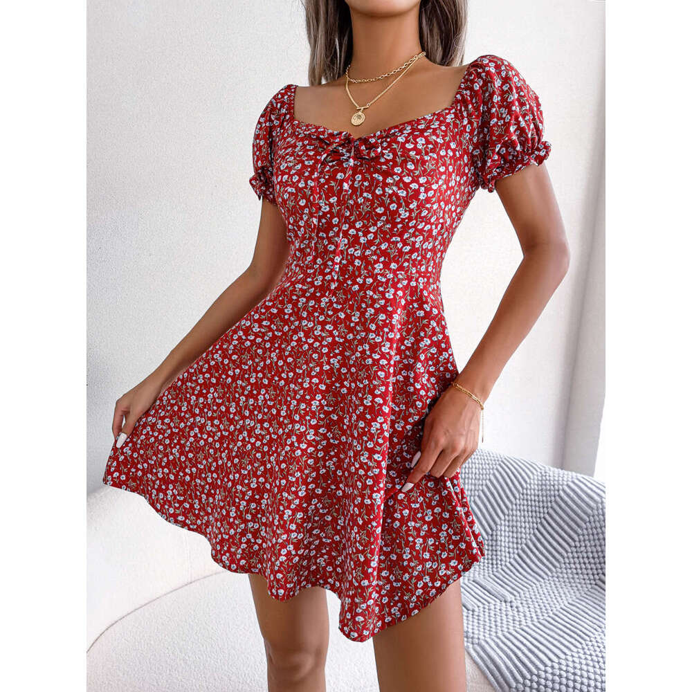 Ins style real-life photos of spring and summer trumpet sleeves, drawstring ties, floral patterns, big swing dresses, women's clothing, 2025 new 
