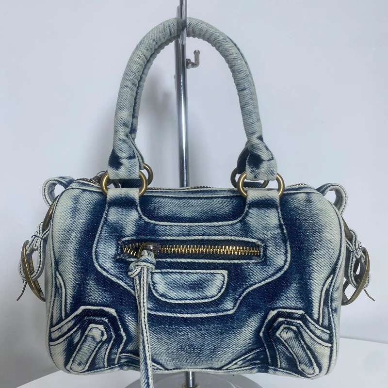new for women high-end denim motorcycle tassel rivets fashionable wash water canvas women's bag