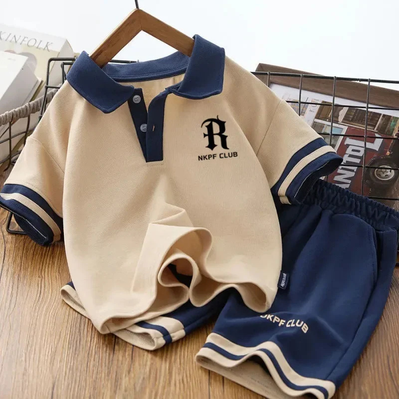 Summer Children Boy Clothes Set Fashion Lapel T-shirts Top and Shorts Bottom 2 Pieces Suit Kid Short Sleeve Outfits Tracksuits 250515
