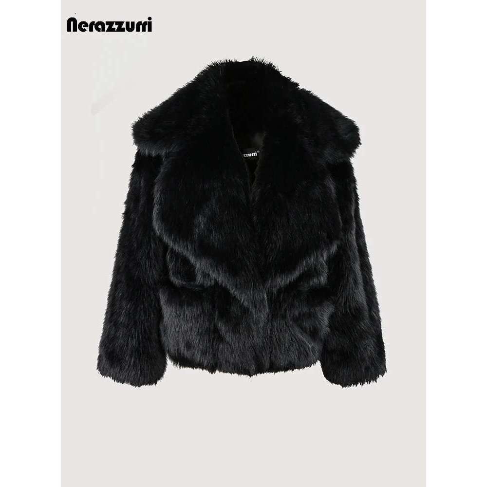 Nerazzurri Winter Short Loose Casual Hairy Soft Thick Warm Pink Faux Fur Coat Women With Big Collar And Pockets Fluffy Jacket