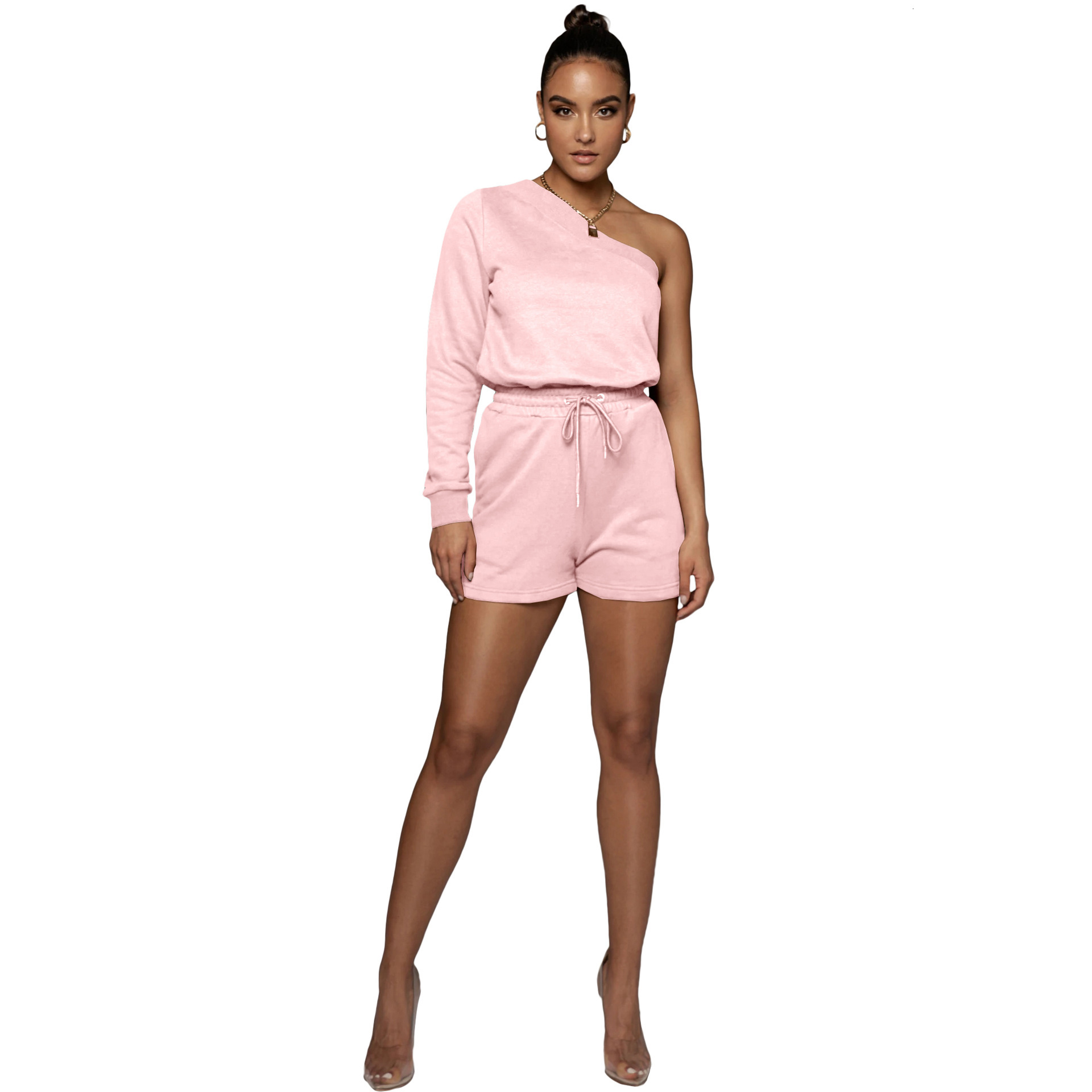 F157 diagonal shoulder irregular sweater Shorts Set fashion leisure sports suit two piece set women