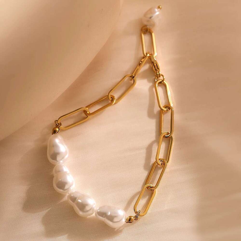 NEWBUY Brand Non-Fading Gold Color Paper Clip Chain Pearl Bracelet For Elegant Women Stainless Steel Party Jewelry