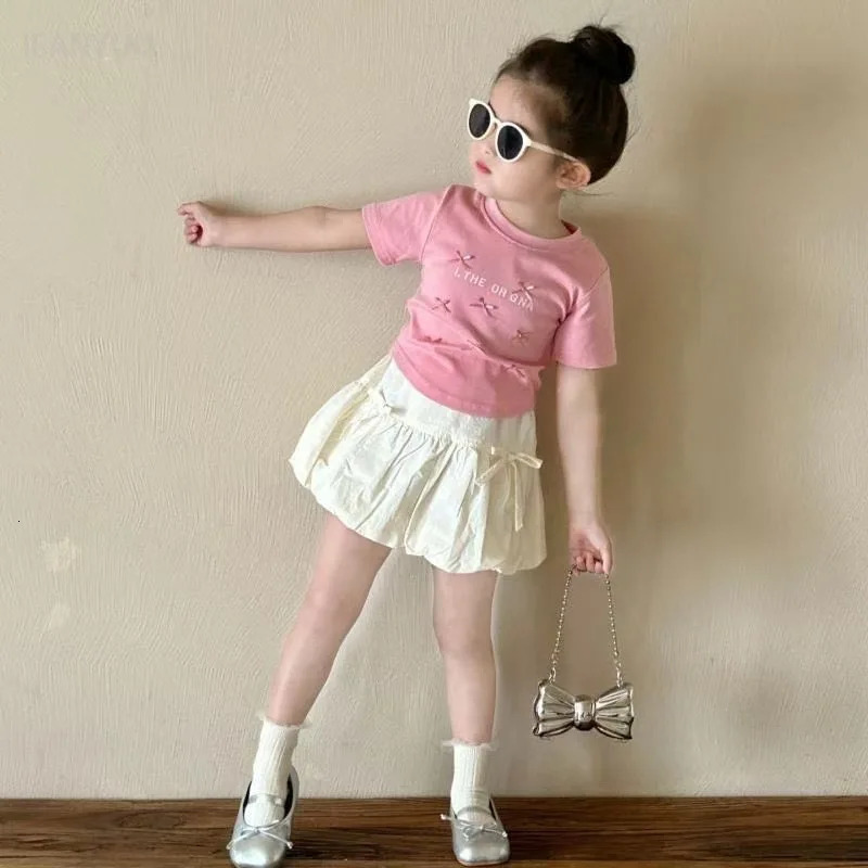 2-8Y Baby Girls Short Shirt Skirt Set Korean Sweet Ballet Style Princess Bow Top Short Sleeved Flower Bud Skirt Baby Dress Sets 250515