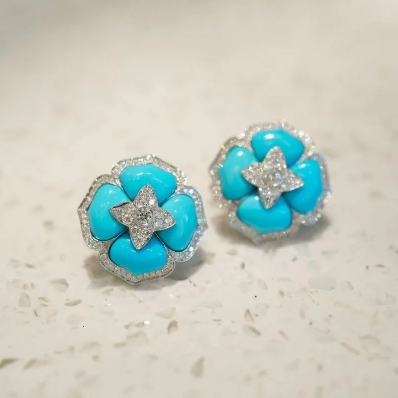 and fashionable turquoise earings stud with silver inlaid blue flower earrings for women classic wedding jewelry gift 250515