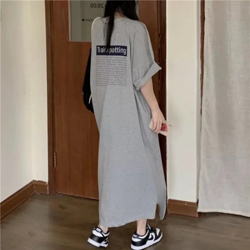 Plus Size Long T-Shirt Dress For Women Korean Chic Loose Pullover Casual Vintage Streetwear O-Neck Short Sleeve Straight Dress 250509