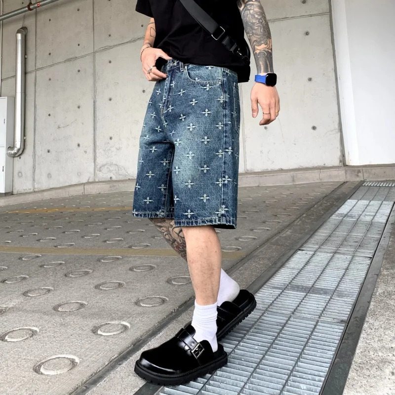American Highquality Jacquard Denim Shorts Mens Summer High Street Loose Versatile Straightleg Casual Fivepoint Pants 250515