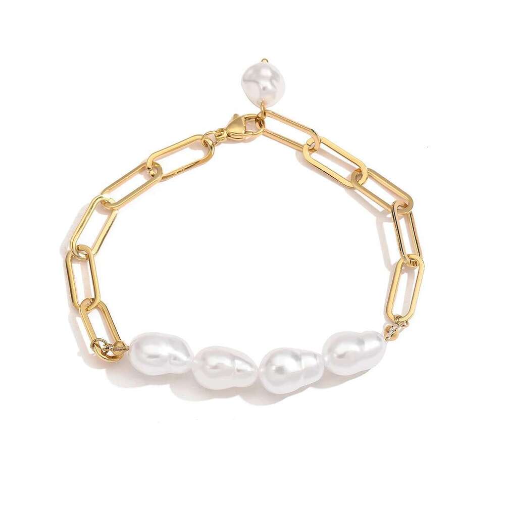 NEWBUY Brand Non-Fading Gold Color Paper Clip Chain Pearl Bracelet For Elegant Women Stainless Steel Party Jewelry