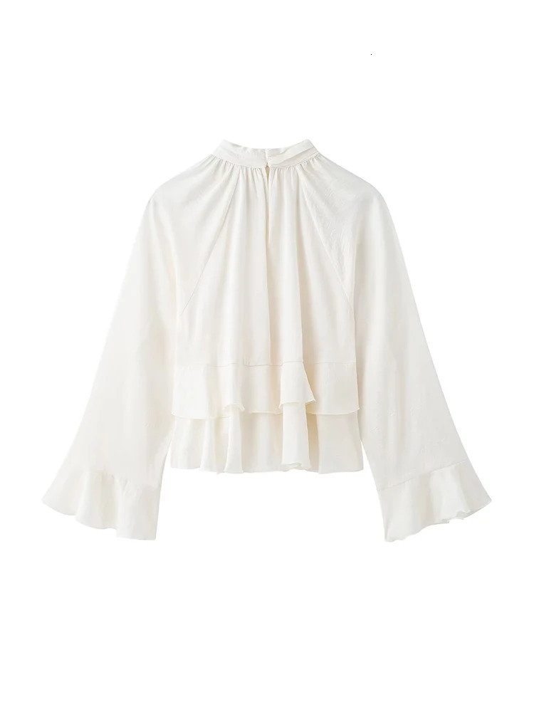 TRZA Womens Long Sleeve Ruffled Blouse Stand Collar Chic Fashion Top Elegant Female Shirt 250515