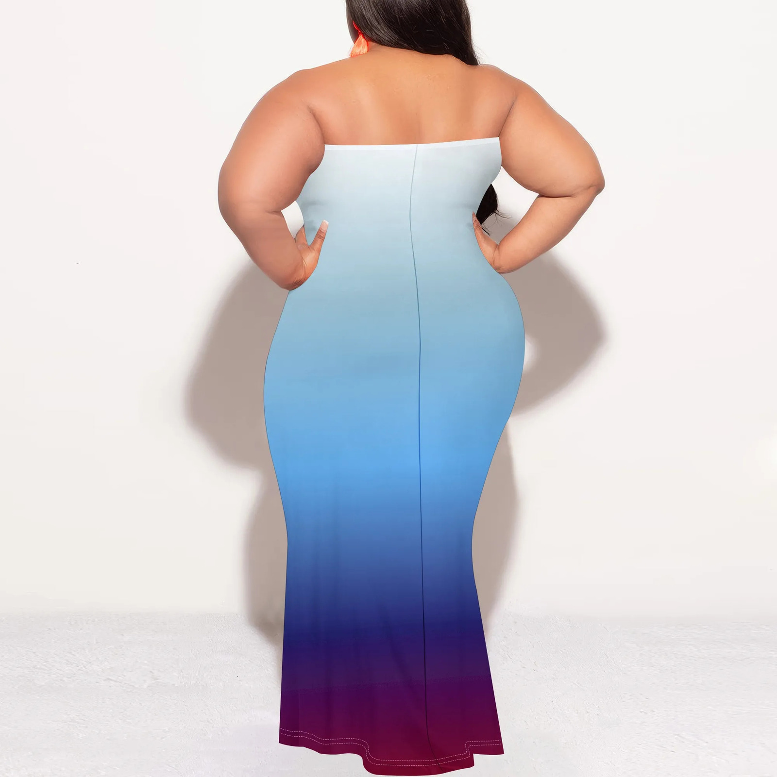Plus Size Blue Gradient Strapless Maxi Dress for Women Elegant Slim Fit Summer Party 250515