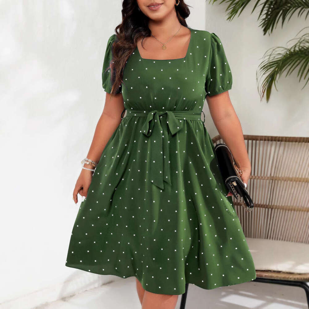 Plus Size Dresses for Woman Elegant June Dresses Party Womandress Vestido Large Size Womens Elegant Polka Dot Waist Cinched Lace Up Square Neck Big Sw