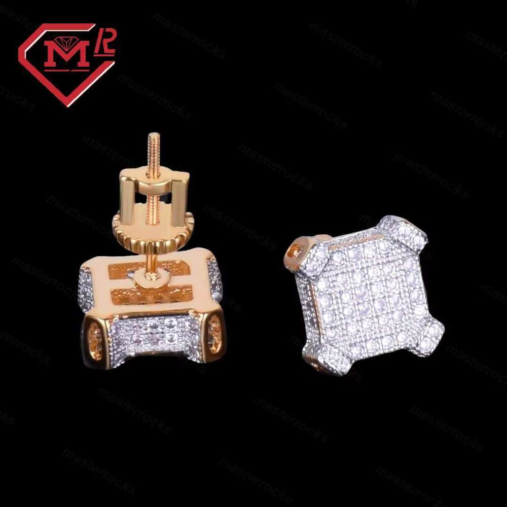 10mm sparkling pyroxene square ice cold unisex Hiphop fashion jewelry gold-plated earrings