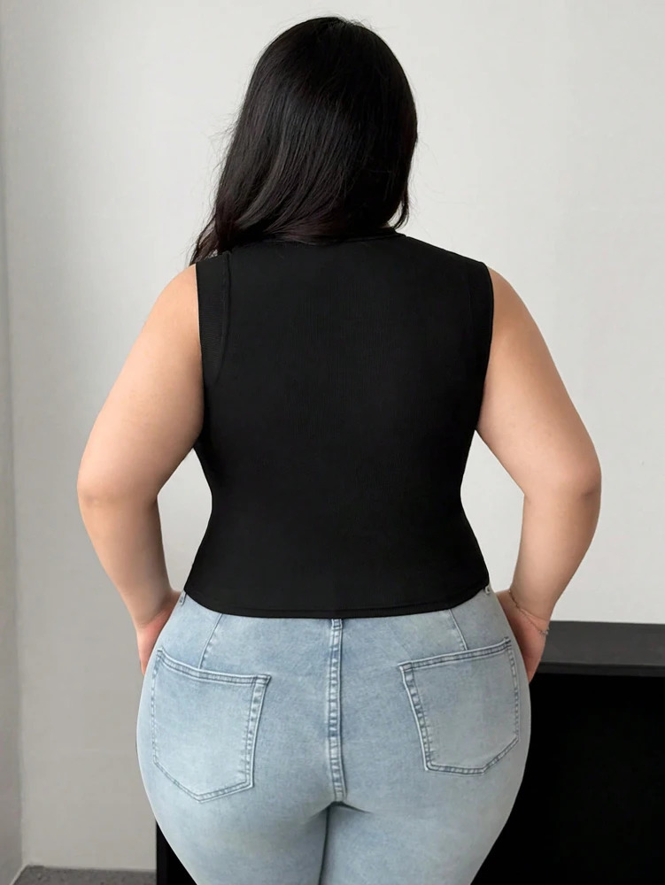 Plus Size Womens 2025 Summer Sleeveless Round Neck Mesh See Through Sexy Splicing Black Shirt Polyester 250506