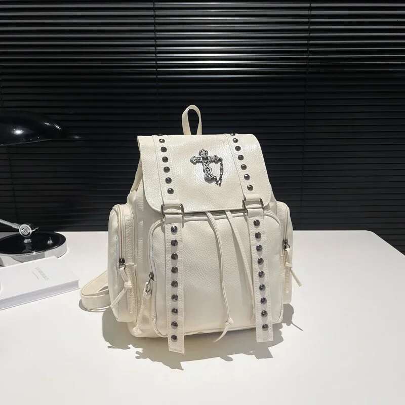 Rivet Y2k Backpack Women Gothic Punk PU Leather Shoulder Ladies Vintage Haruku Backpacks College Large Capacity School Bag