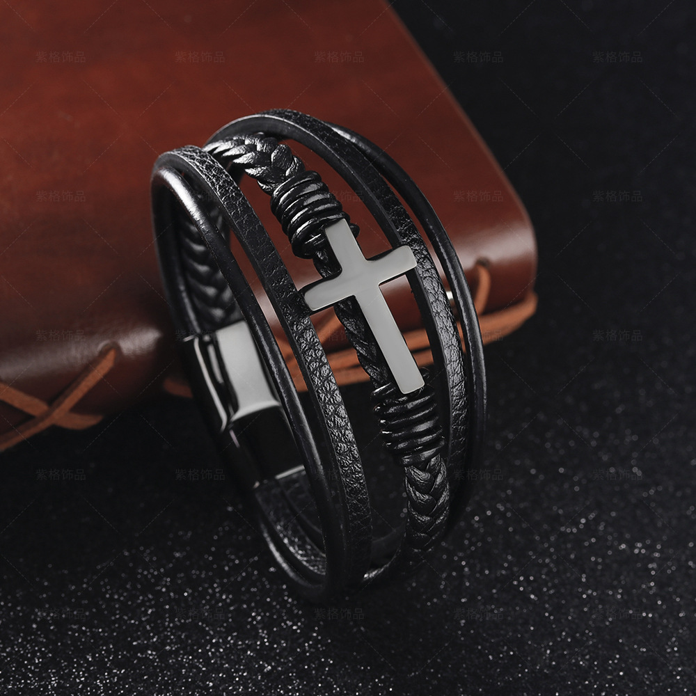 Sophisticated Designer Style Magnetic Cross Necklace for Him | High-Quality Genuine Leather Strap