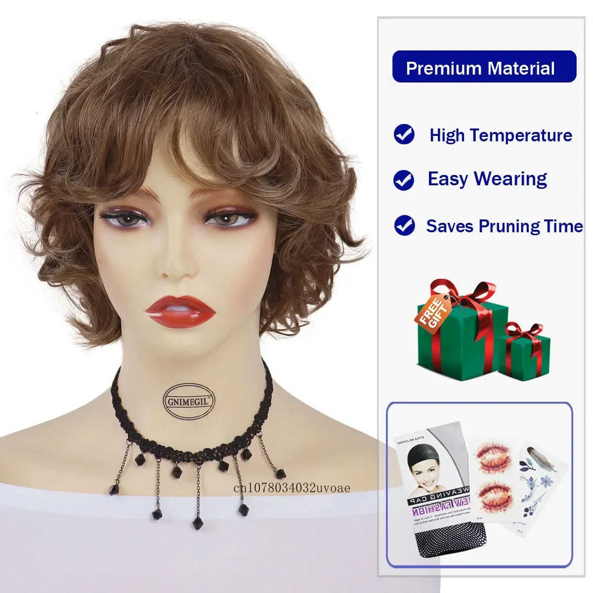 Brown Curly Wig with Bangs Synthetic Short Wigs for Women Korean Hairstyle Witty Cute Ladies Hair Daily Cosplay Halloween Party 250512