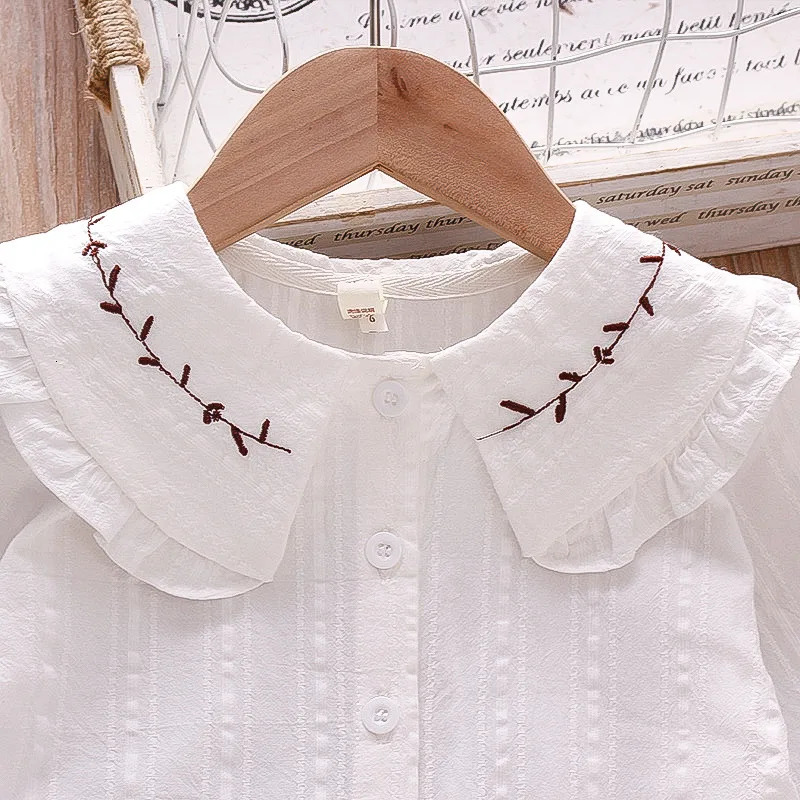Girls Long Sleeve Shirt Big Lapel Ruffle Embroidered Shirt 250515