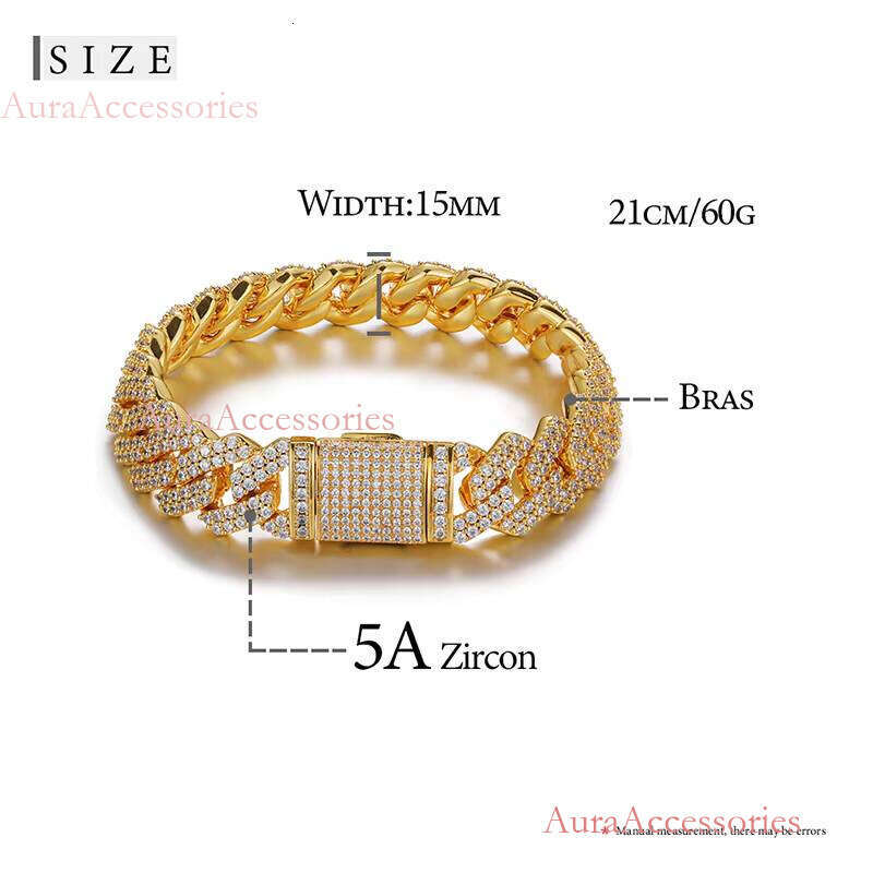 New Arrival Bileklik Hip Hop Jewelry Fashion Anklet 15mm Gold Plated Copper 2 Rows 5A CZ Stone Miami Cuban Link Chain Bracelet