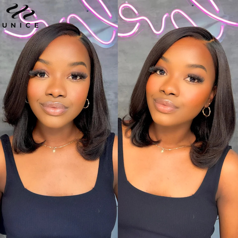 UNice Hair Drawstring Cap Yaki Straight Bob Wig Pre Cut Pre Bleached 7x5 Lace Closure Glueless Wigs Human Hair Ready To Wear Go 250512