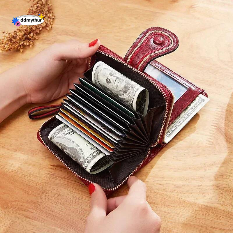 Cross Border Retro Oil Wax Skin European and American Multi Slot Organ Card Bag Zipper Short Women's Wallet ddmythur