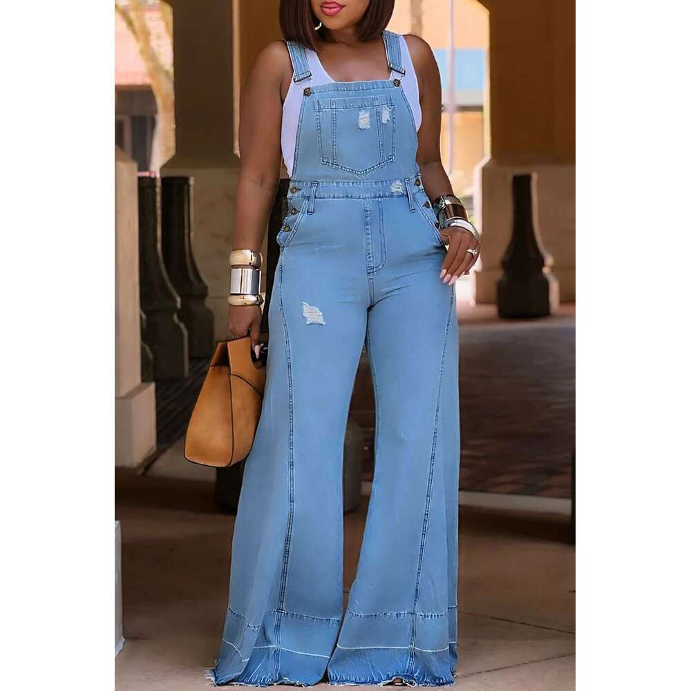 Plus Size Denim Pockets Overall Rompers Wide Leg Jeans Slim Streetwear Casual Fashion Jumpsuit for Women's