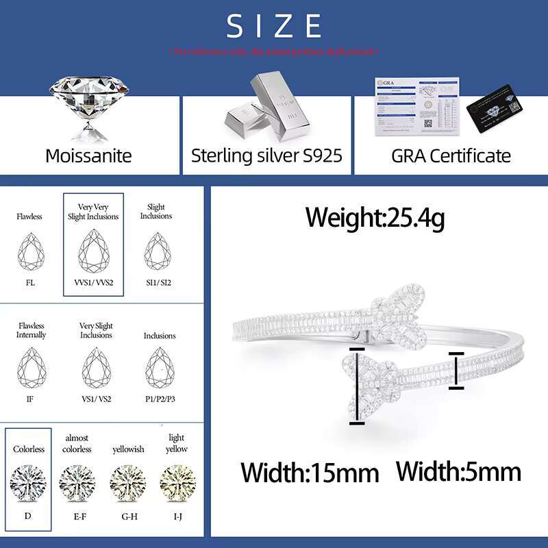Gra Certified Baguette Moissanite 925 Sterling Silver Bangle Pass Diamond Tester Iced Out Butterfly Bangle Bracelet