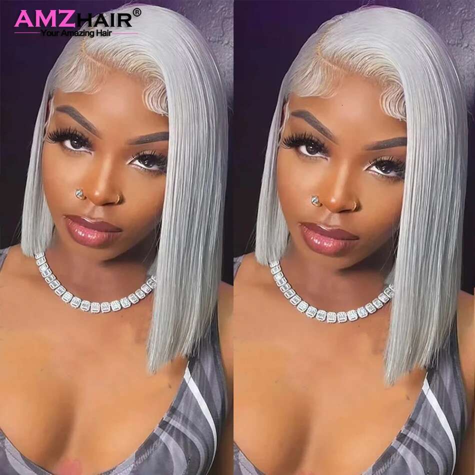 Sier Short Bob Wig Grey Straight 13X4 Lace Transparent Front Wigs Human Hair For Black Women 10 12 14 16 Inch