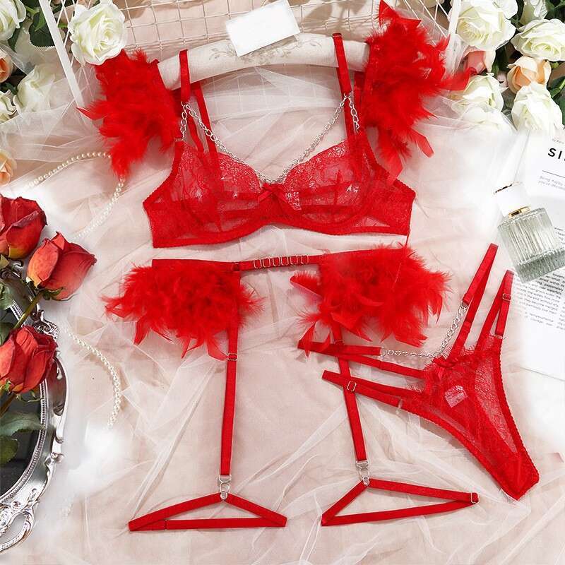 Patent Leather Sexy Lingerie Feather Lace Metal Chain Sexy Bow Perspective Bra Erotic Lingerie Set KQ