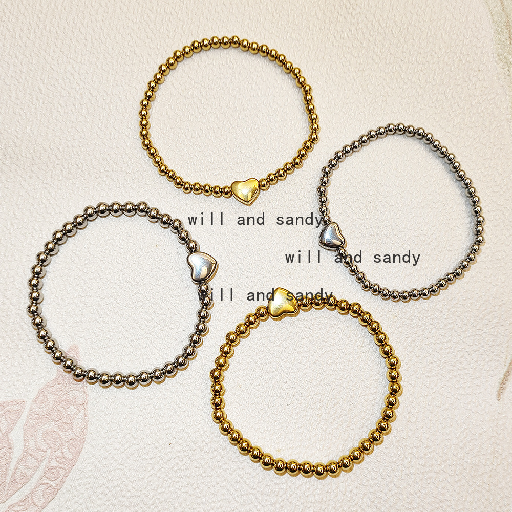 Non Tarnish Stainless Steel Beads Love Heart Charm Bracelet 18k Gold Plated Elastic Strand Bracelets Wristband Cuff for Woman Man Gift Fashion Designe
