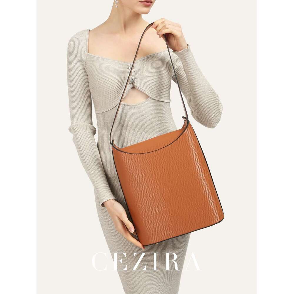 CEZIRA Fashion Stripes Texture PU Leather Shoulder Bags Women Single Strap Square Bucket Handbags Daily Commute College Travel