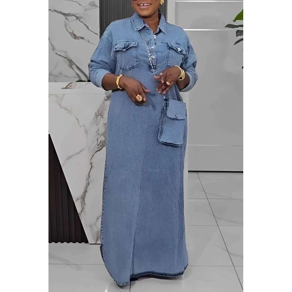 Plus Size Daily Light Blue Shirt Collar Long Sleeve Button Pocket Tencel Denim Maxi Dresses 2025 Women