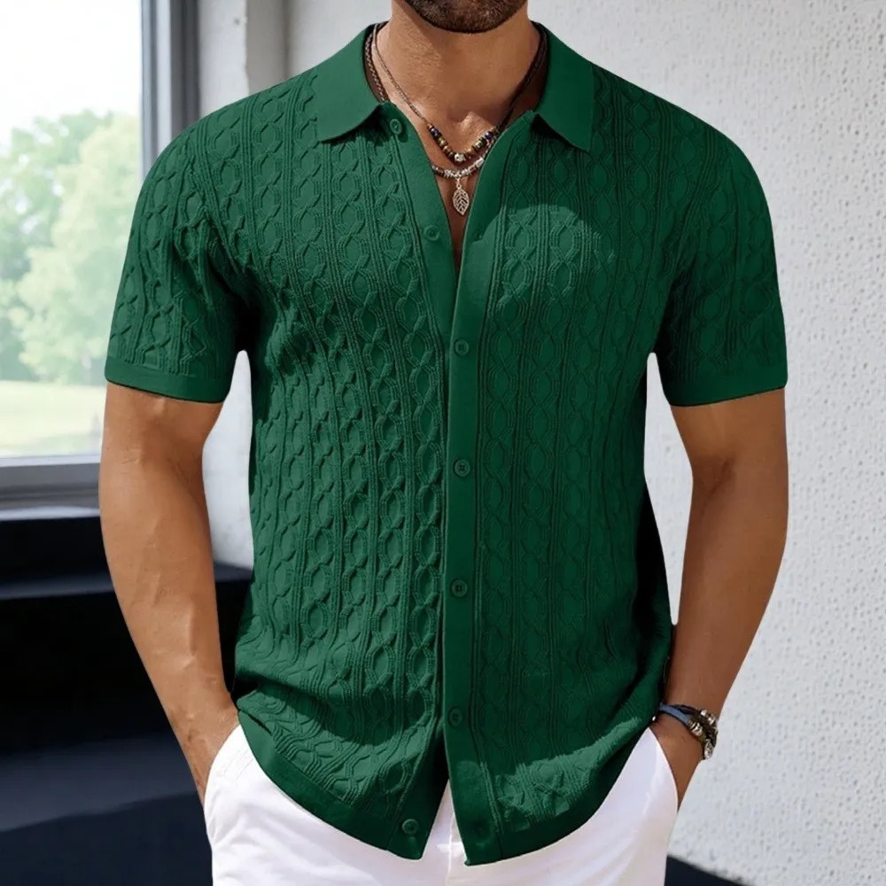 Mens Light Button-down Leisure Knitted Polo Shirt Retro Solid Color Short Sleeve Chic Fashion Jacquard Knitwear 250515