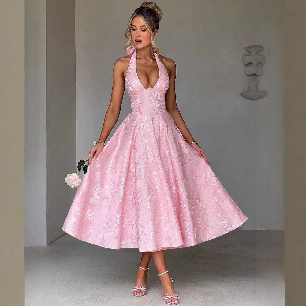 White Dress Maxi Dress V-Neck Hanging Neck Jacquard High-End Evening Dress, Spring And Summer Temperament, Sleeveless Backless Waist Cinching Long Dre