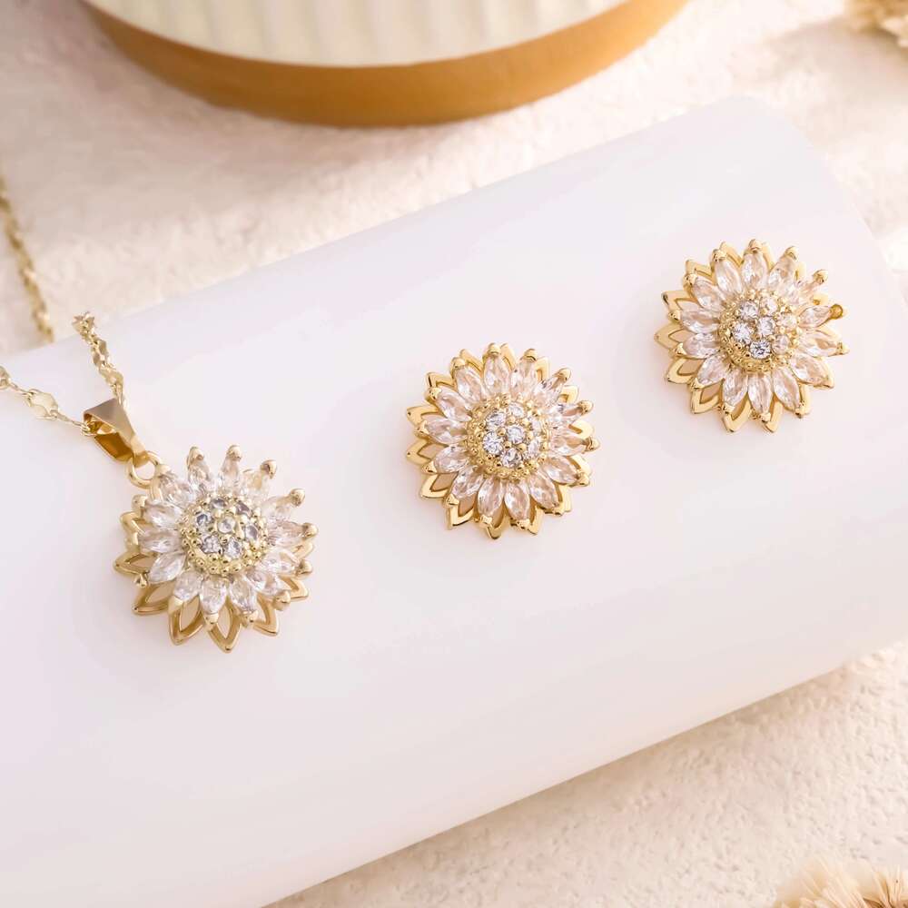Fashion 2-Piece Of Suower Inlaid Zirconium Rotating Earrings Necklace Women Couple Holiday Gift Set Party Jewelry