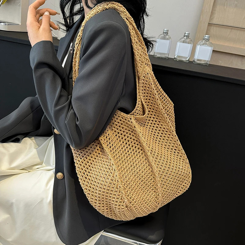 Women Crochet Tote Bag Mesh Beach Bag Large Capacity Fashion Knitted Shoulder Bag Solid Color Simple Shopping Bag for Travel 250515