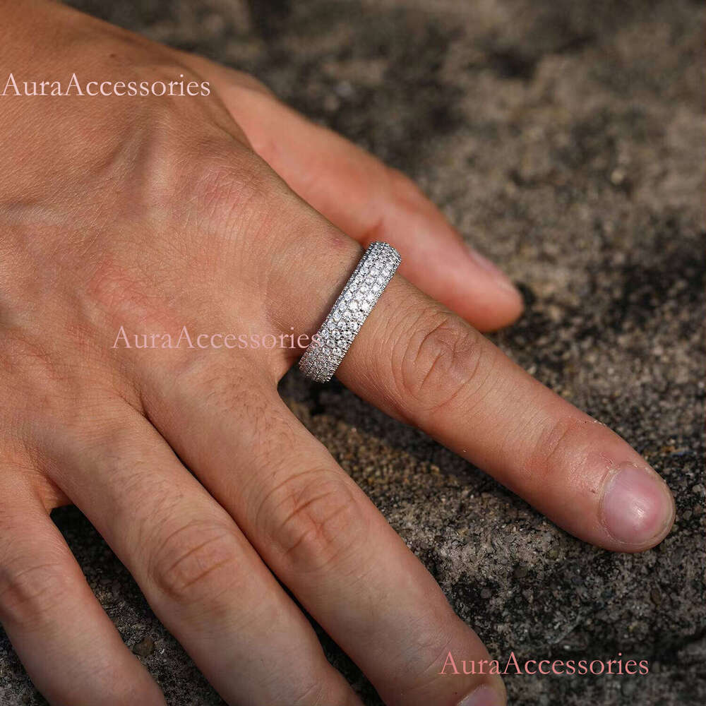 Fashion Hip Hop Jewelry Bling White Gold Plated Sterling Sier Micro Pave VVS Moissanite Dia Finger Band Ring