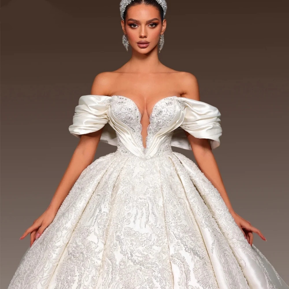 Vintage Wedding Dress For Women Sweetheart Neck Off Shoulder Sleeveless Bridal Gown Sequins Appliques Sweep Train Dresses Custom Made vestidos de novi