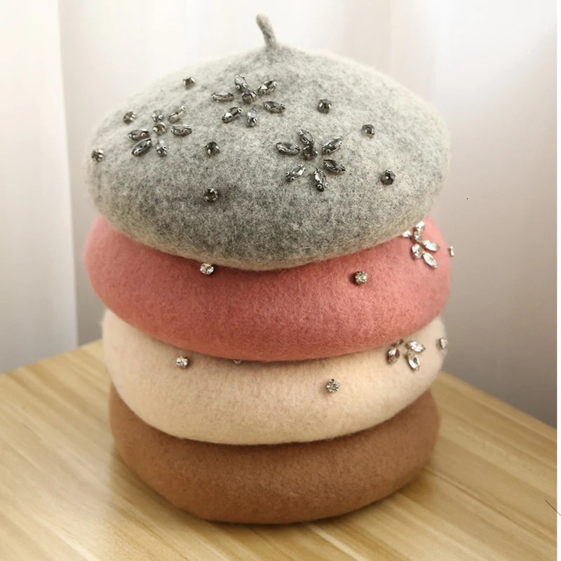 VISROVER Woman Wool Winter Beret DIY Female Rhinestone Wool Cap Autumn Winter Hat Solid Color Top Quality Women Boina Wholesales 250514