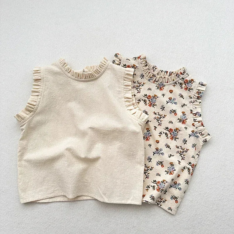 Summer Girls Comfortable Breathable Pure Cotton Ruffled Sleeveless Floral Doll style Top Cute Fashion Girls Clothe 250515
