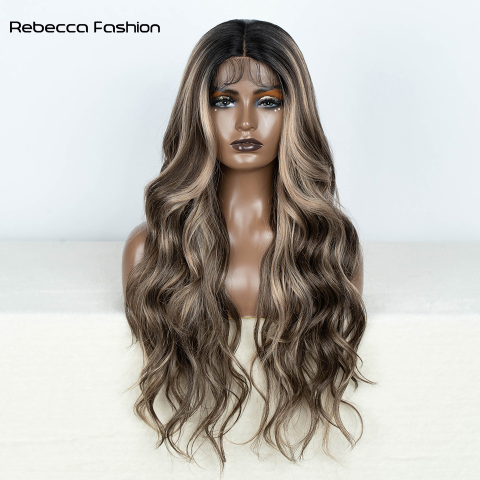 Rebecca Fashion Synthetic Front With Baby Hair Body Wavy Wigs For Women 28 Inch Ombre Brown Higlight Cosplay Lace Wig