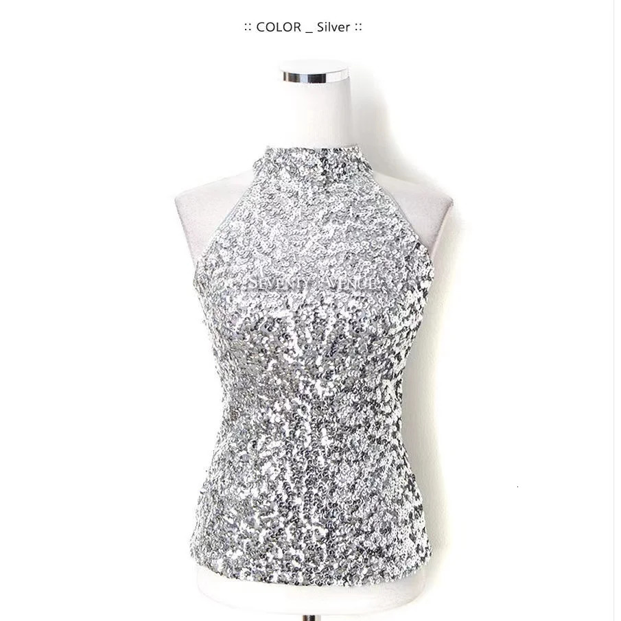 Sequins Women Fashion Shimmer Flashy Embellished High Quality Halter Neck Sleeveless Vest Sexy Tank Top Clubwear Stage Perform 250515